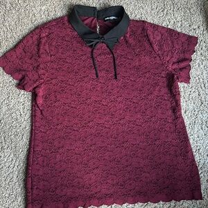 Love Fire Red and Black Ribbed Blouse with Tie Front